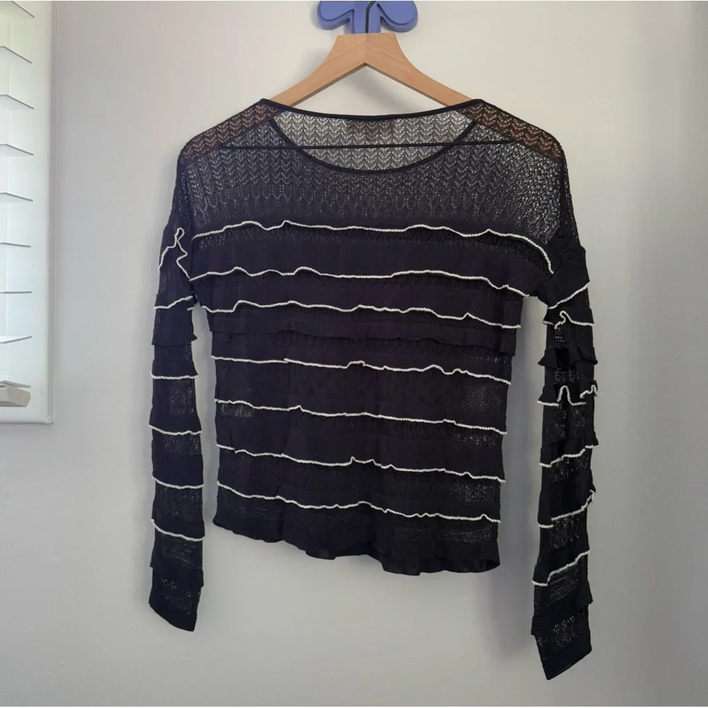 Sezane Small Aloys Sweater Navy White Ruffle Trim Lightweight Sheet relaxed fit